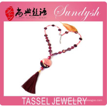 Unique Handmed Shell Beaded Long Necklace Purple Agate Pendant Gemstone Tassel Necklace